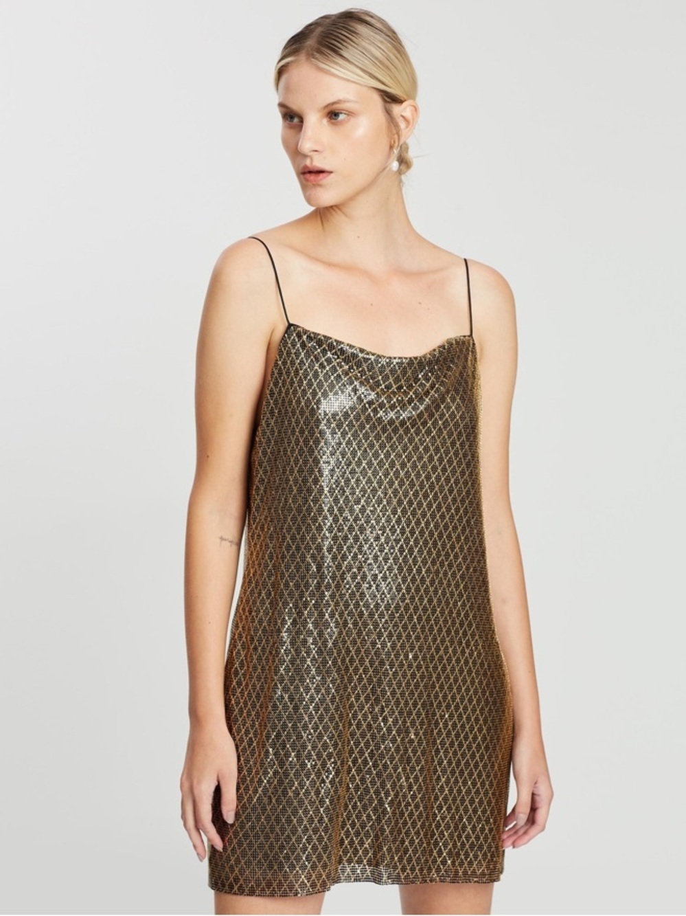 Alice + Olivia Gold and Black Metallic Chainmail Mini Dress, size 2